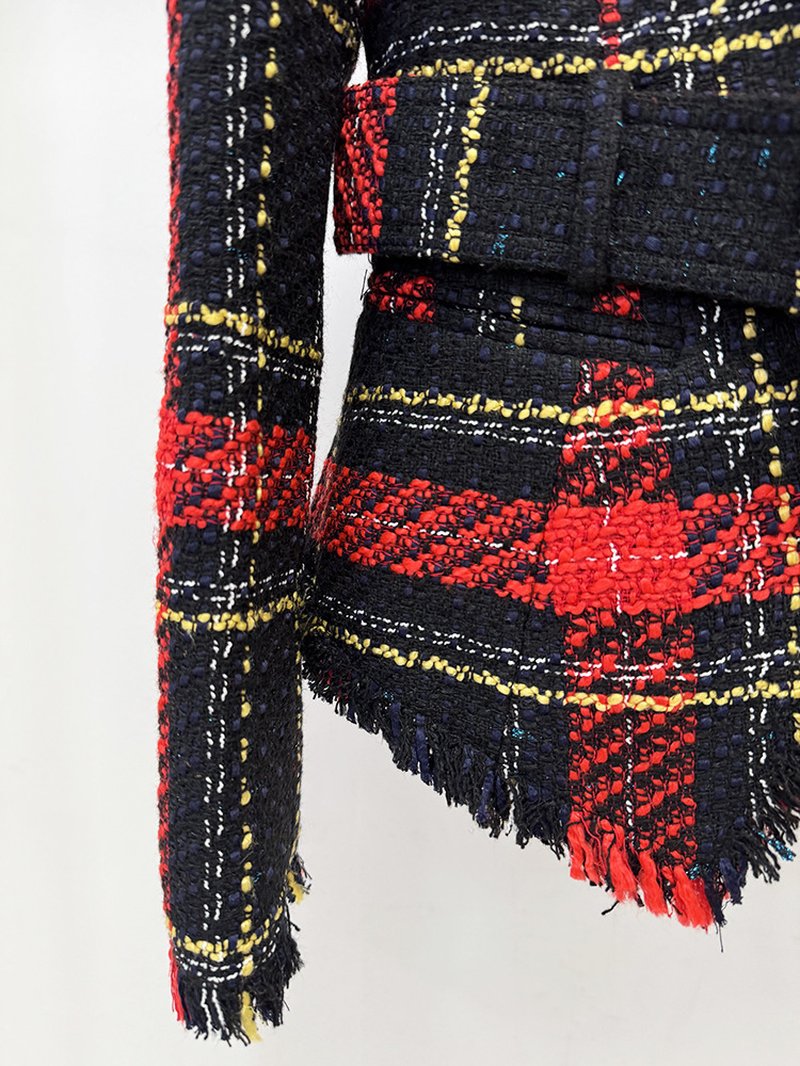 Plaid Fringe Blazer with Belt H7083