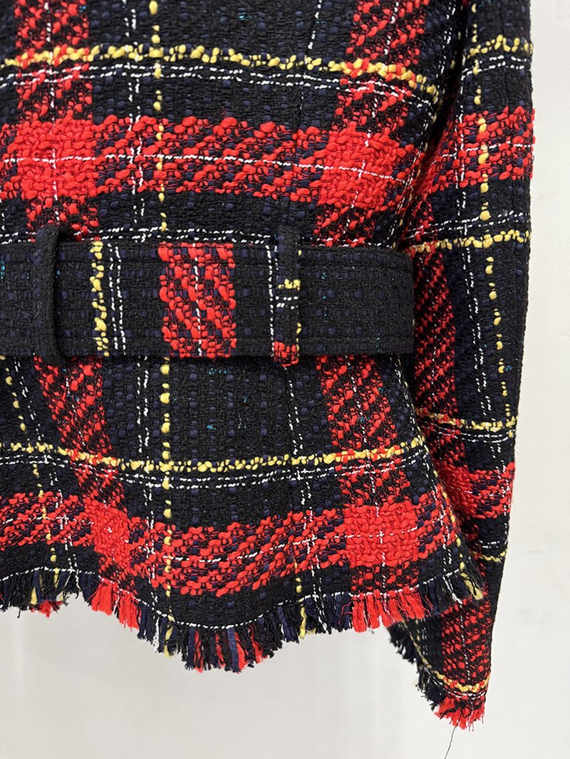 Plaid Fringe Blazer with Belt H7083