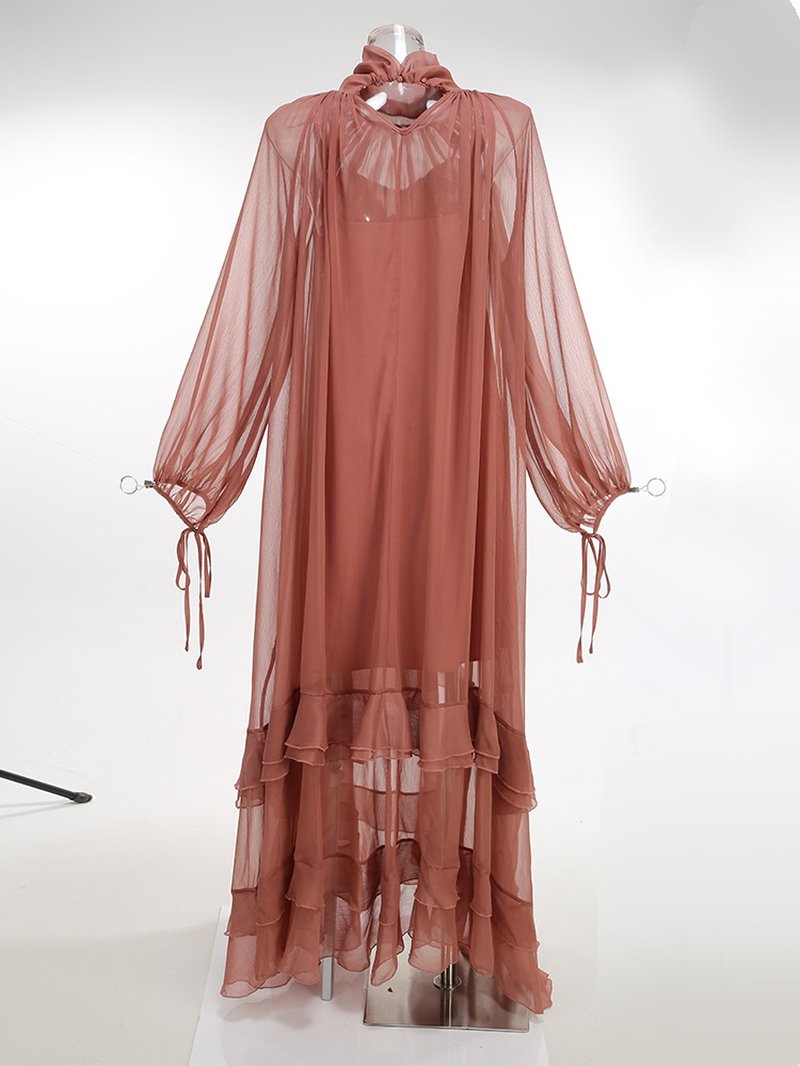 Pleated Tulle Maxi Dress with Ruffles H7137