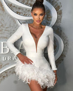 Plunging Feather Hem Mini Dress H6154