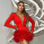 Plunging Feather Hem Mini Dress H6154