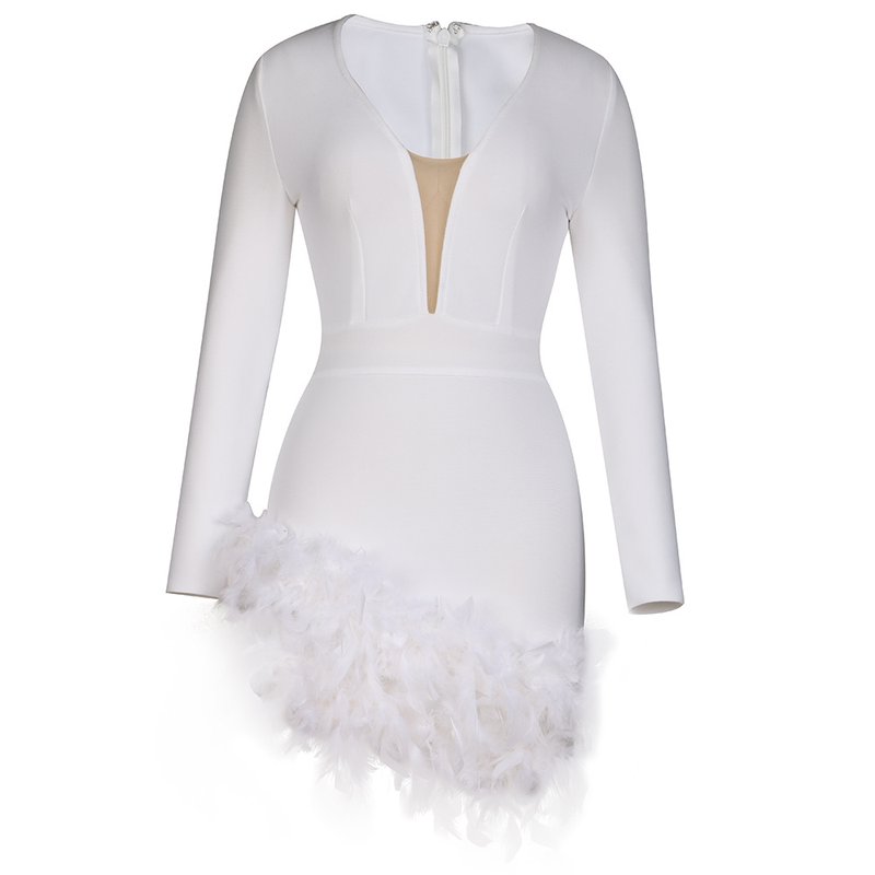 Plunging Feather Hem Mini Dress H6154