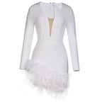 Plunging Feather Hem Mini Dress H6154
