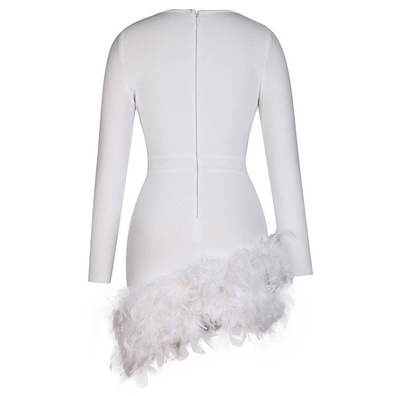 Plunging Feather Hem Mini Dress H6154