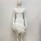 Plunging Feather Hem Mini Dress H6154