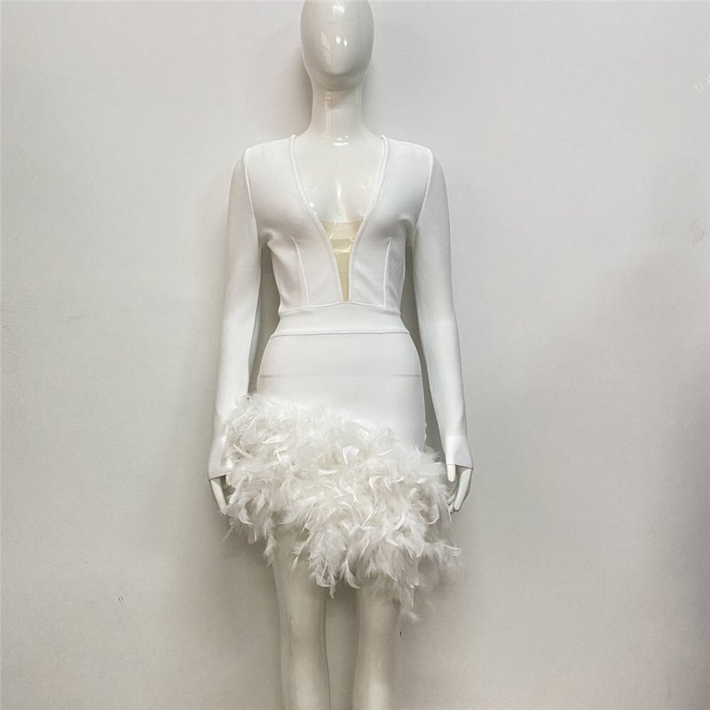 Plunging Feather Hem Mini Dress H6154