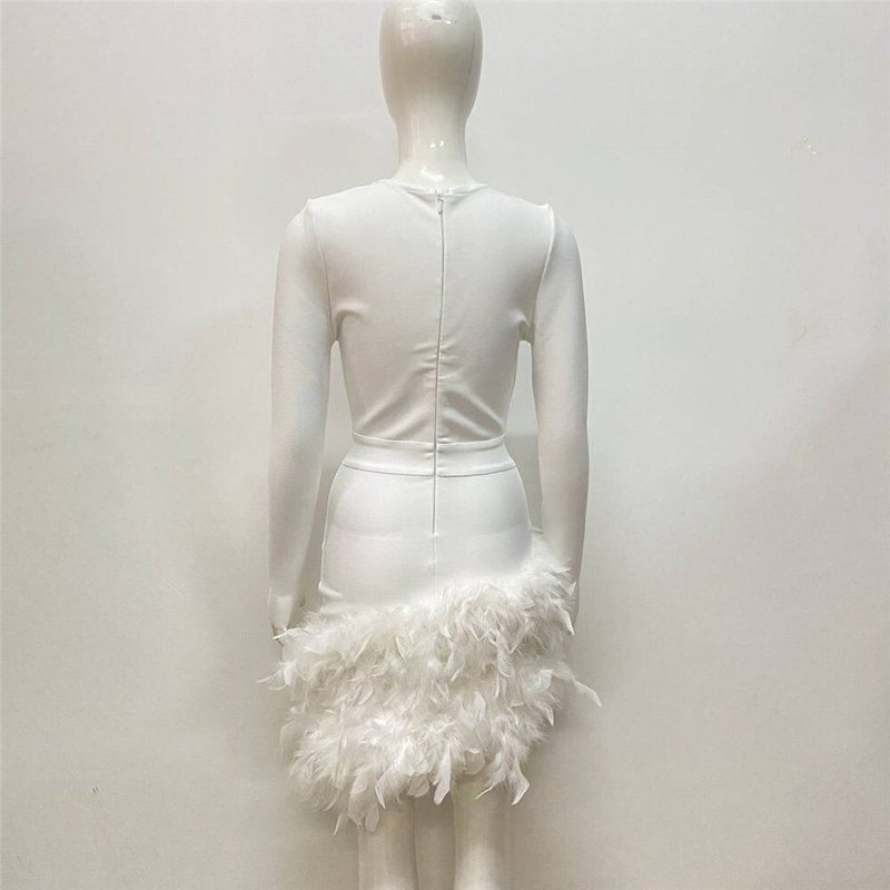 Plunging Feather Hem Mini Dress H6154