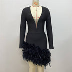 Plunging Feather Hem Mini Dress H6154