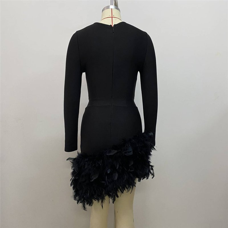 Plunging Feather Hem Mini Dress H6154