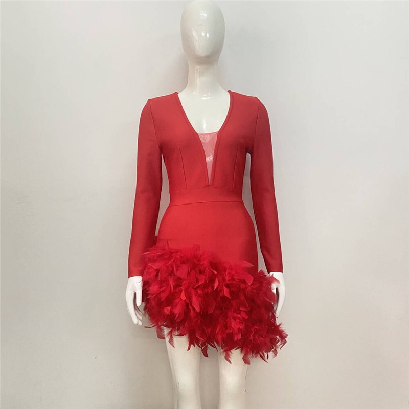Plunging Feather Hem Mini Dress H6154