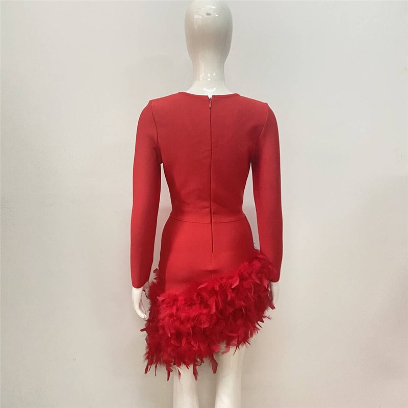 Plunging Feather Hem Mini Dress H6154