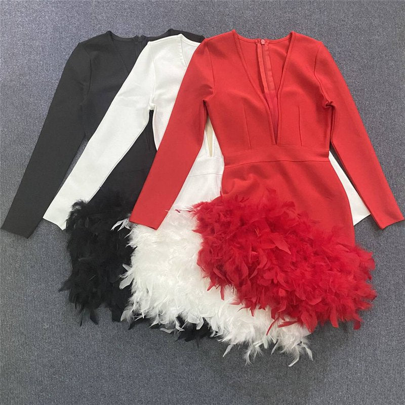 Plunging Feather Hem Mini Dress H6154