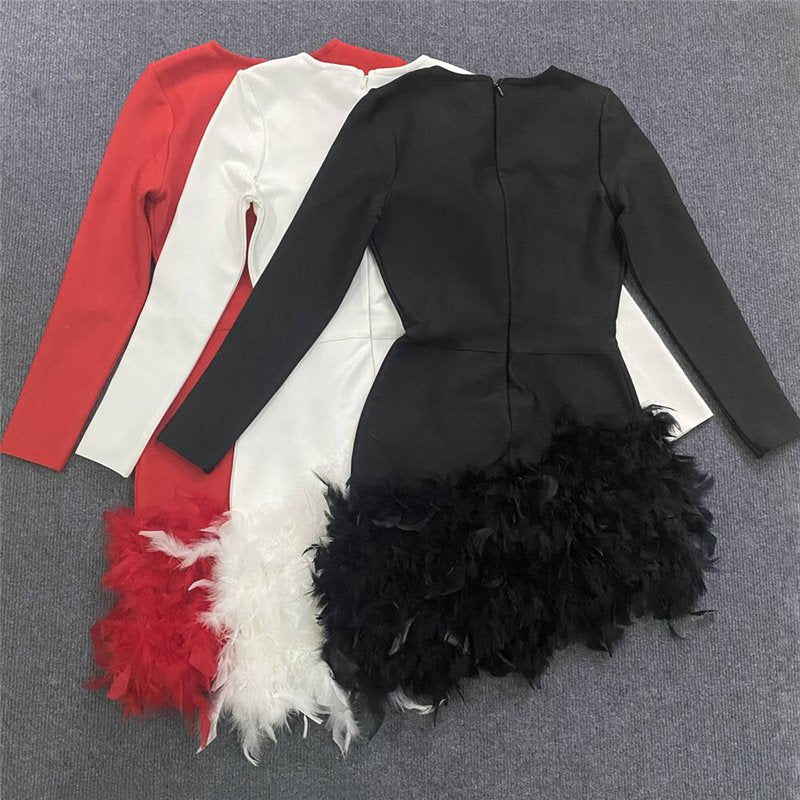 Plunging Feather Hem Mini Dress H6154