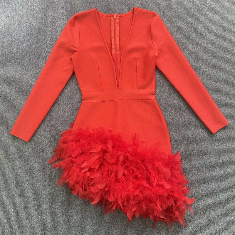 Plunging Feather Hem Mini Dress H6154