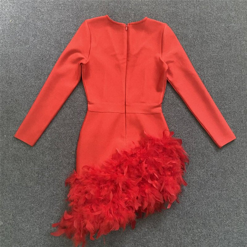 Plunging Feather Hem Mini Dress H6154