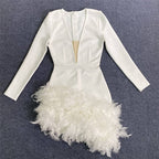 Plunging Feather Hem Mini Dress H6154