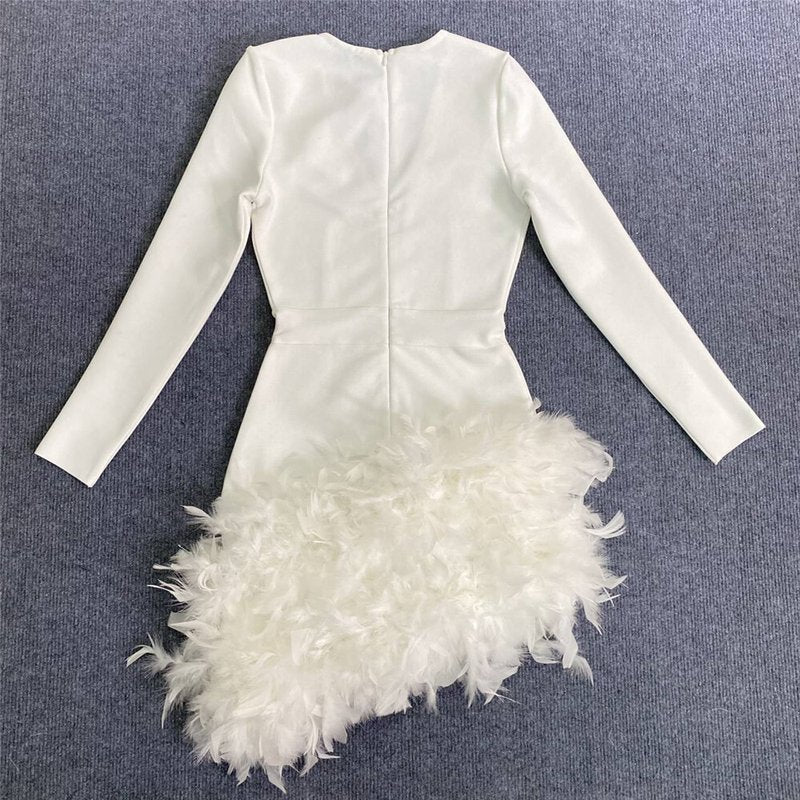 Plunging Feather Hem Mini Dress H6154