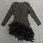 Plunging Feather Hem Mini Dress H6154