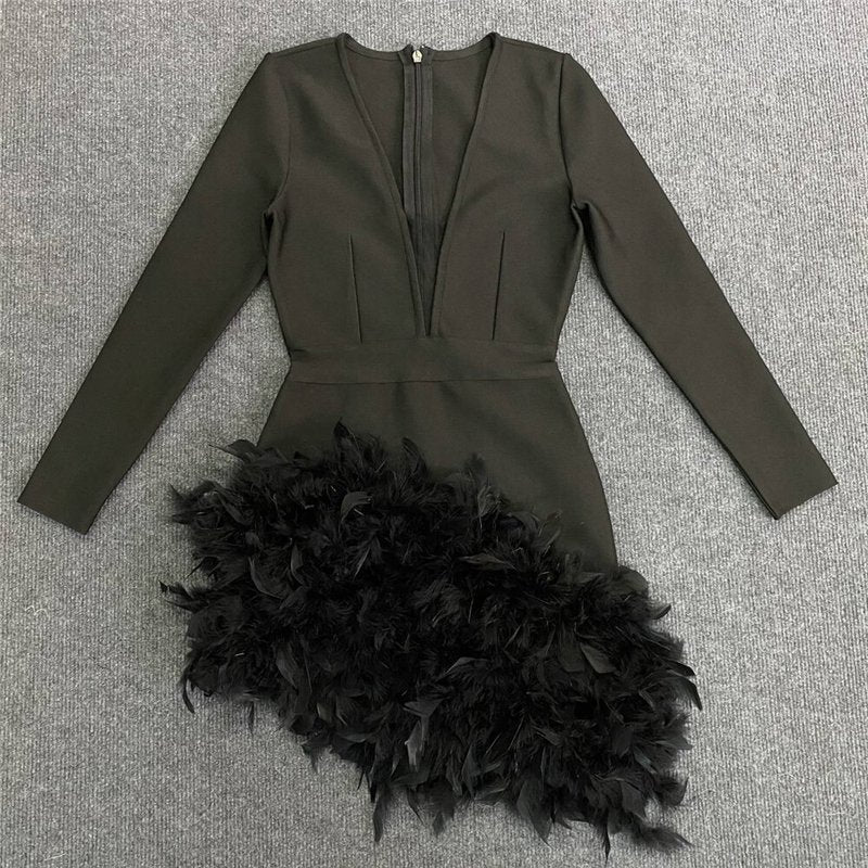 Plunging Feather Hem Mini Dress H6154
