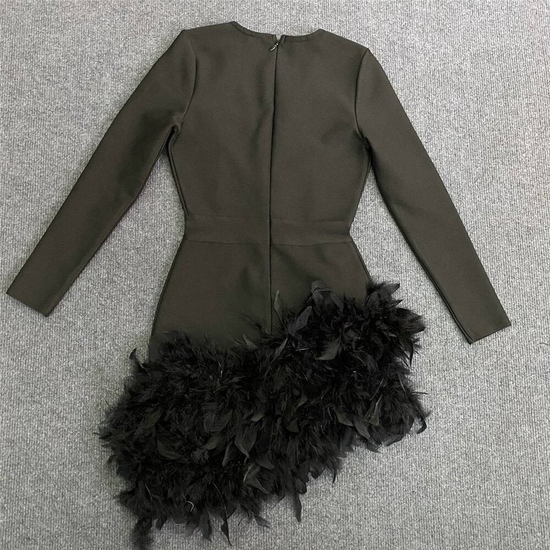 Plunging Feather Hem Mini Dress H6154
