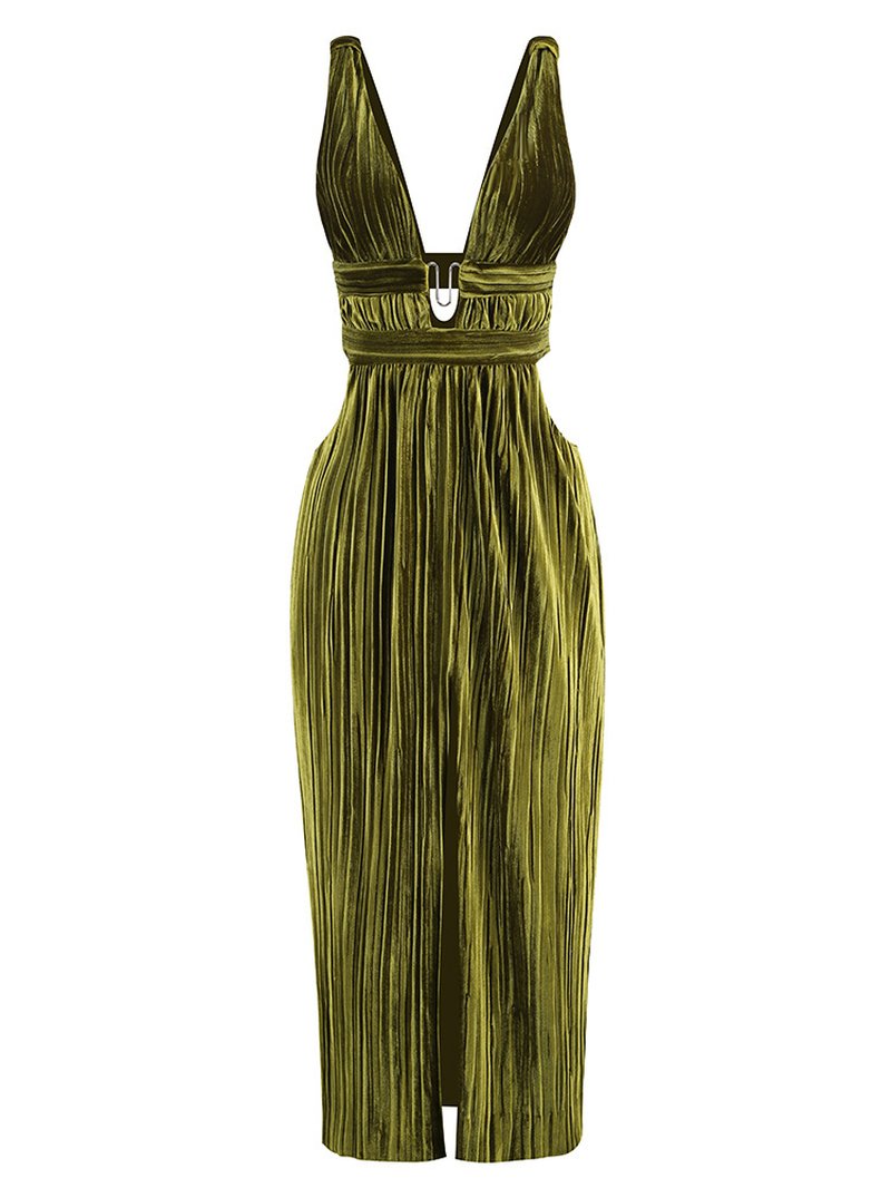 Plunging Velvet Pleated Midi Dress H6172