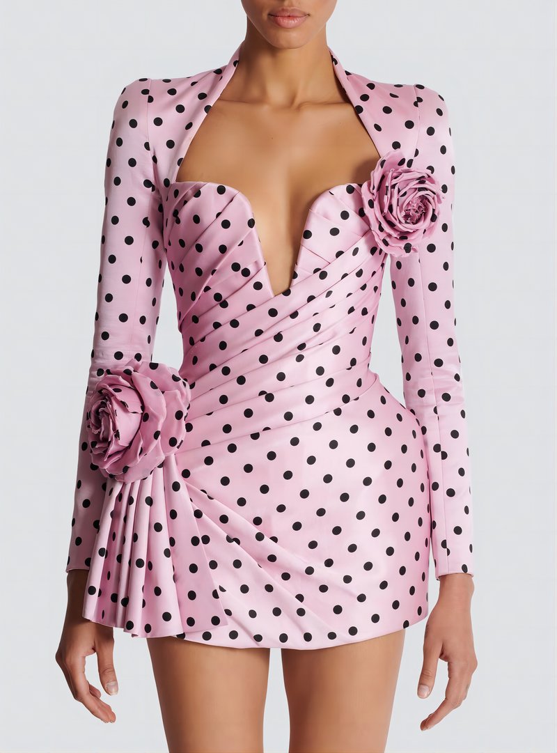 Polka Dot Rose Applique Mini Dress H6684