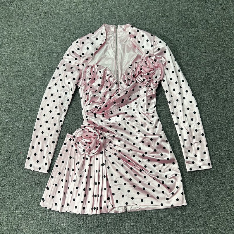 Polka Dot Rose Applique Mini Dress H6684