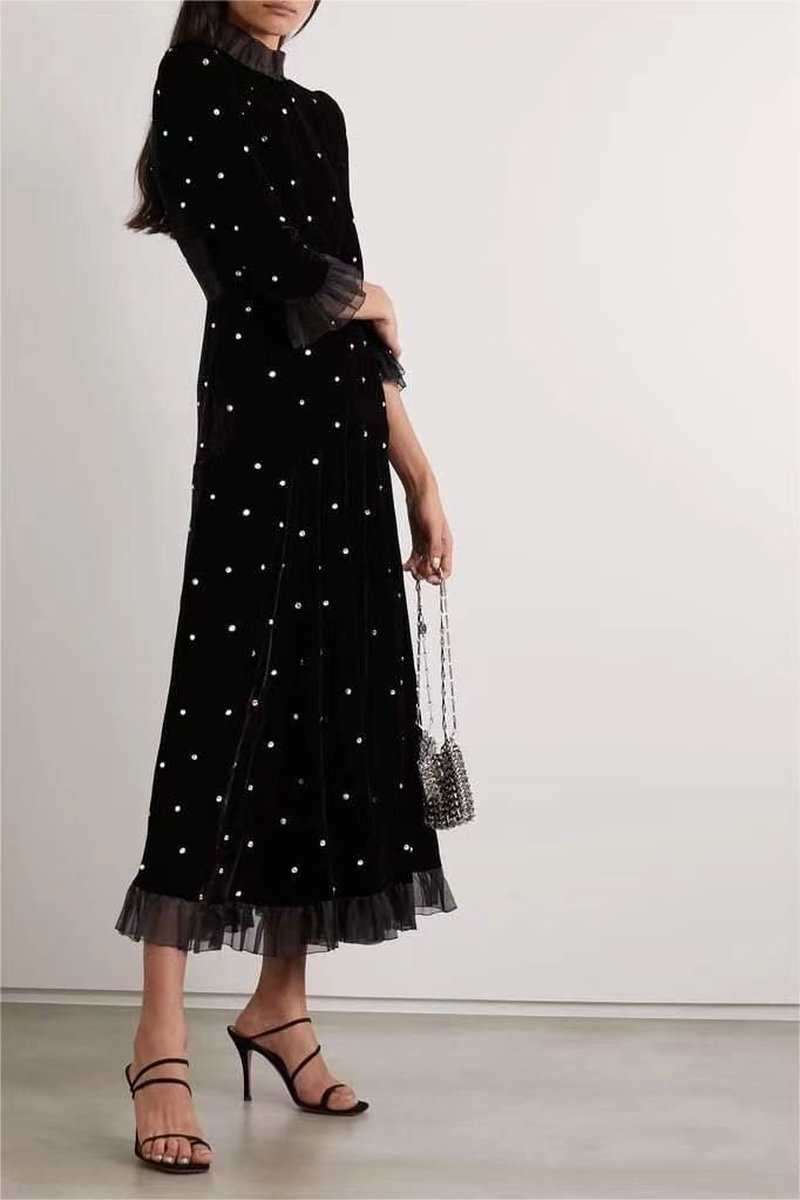 Polka Dot Velvet Midi Dress H6269