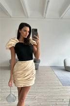 Puff Sleeve Black Top with Gold Skirt Set H6646