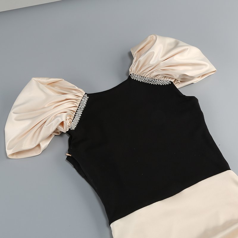 Puff Sleeve Black Top with Gold Skirt Set H6646