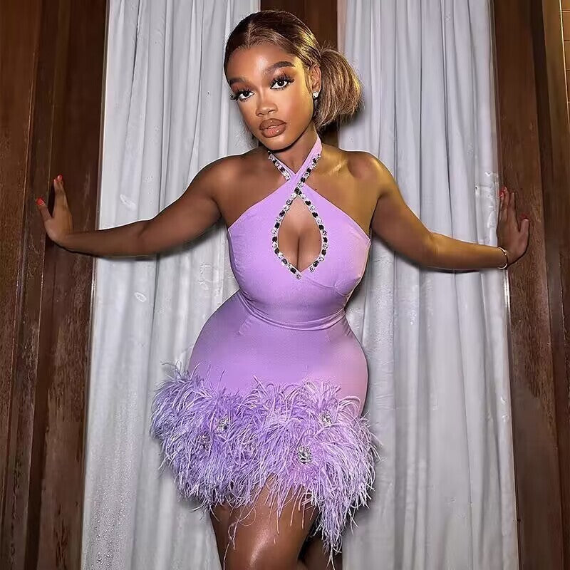 Purple Feather Hem Halter Mini Dress H6028