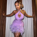 Purple Feather Hem Halter Mini Dress H6028