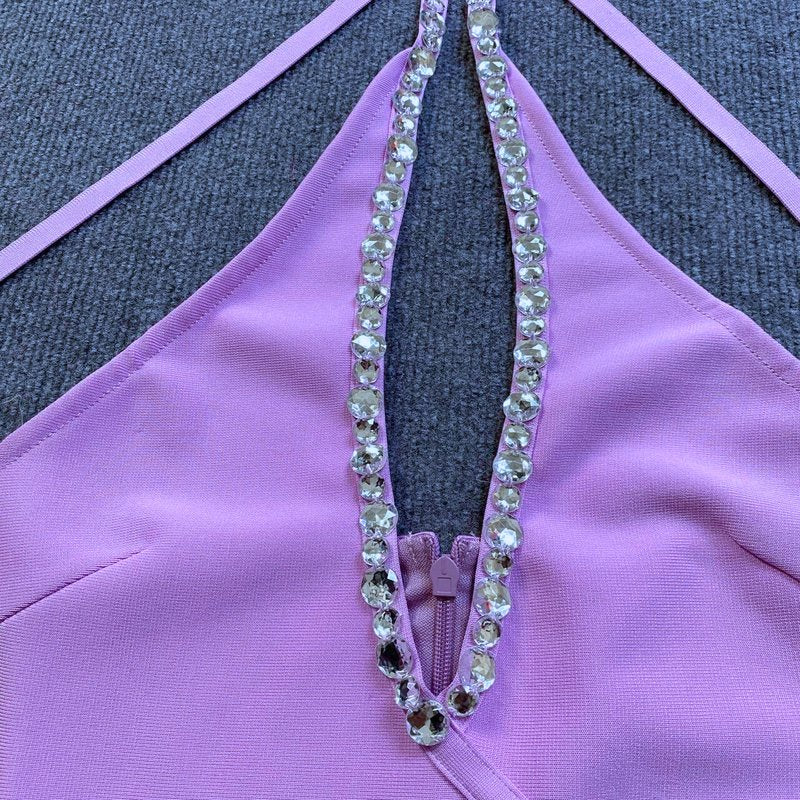 Purple Feather Hem Halter Mini Dress H6028