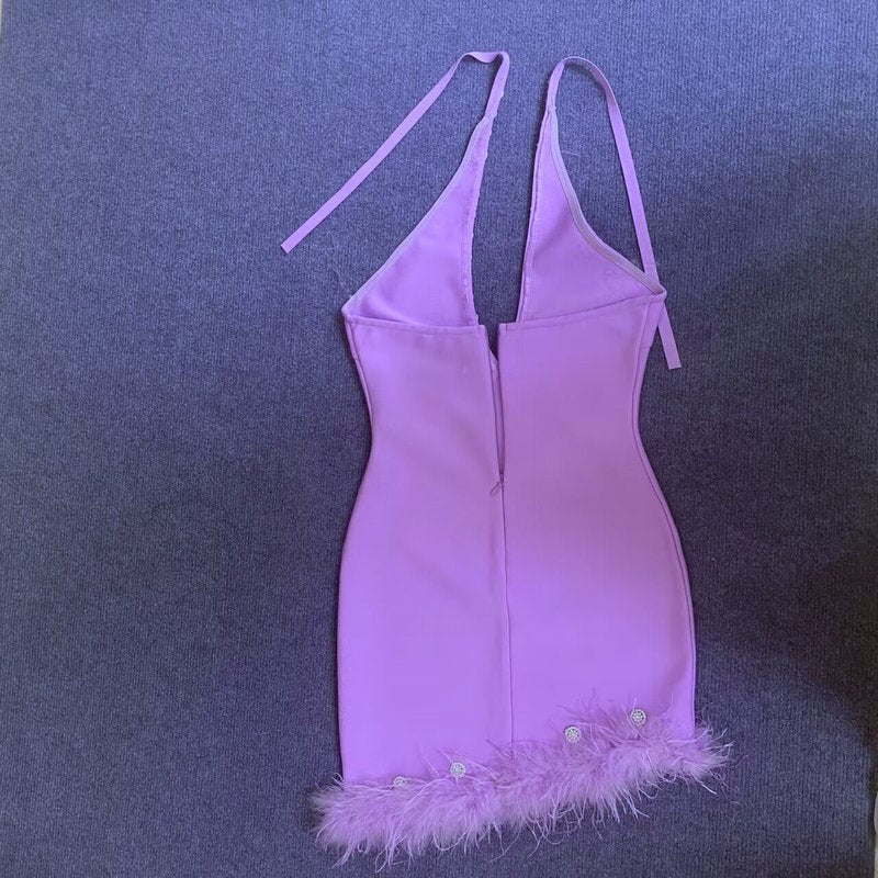 Purple Feather Hem Halter Mini Dress H6028