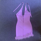 Purple Feather Hem Halter Mini Dress H6028