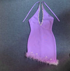 Purple Feather Hem Halter Mini Dress H6028