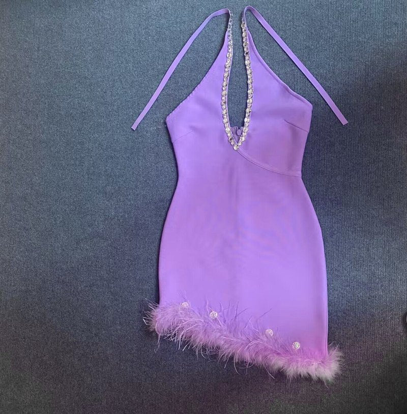 Purple Feather Hem Halter Mini Dress H6028