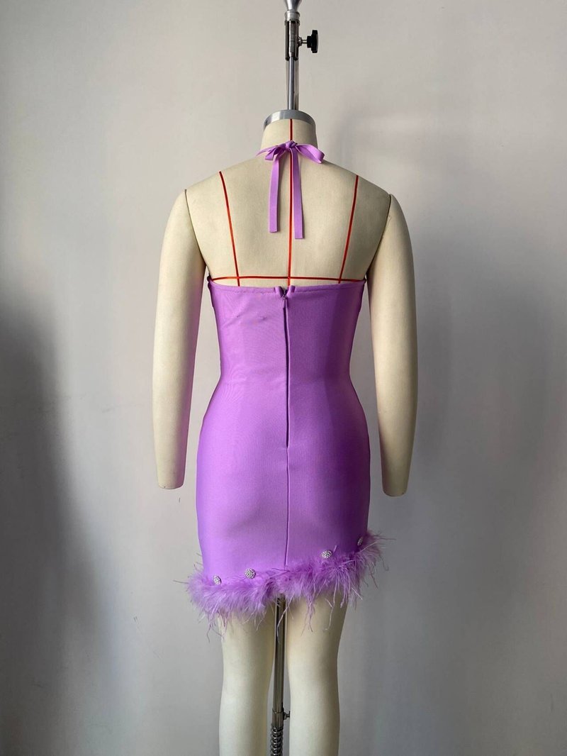 Purple Feather Hem Halter Mini Dress H6028