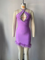 Purple Feather Hem Halter Mini Dress H6028