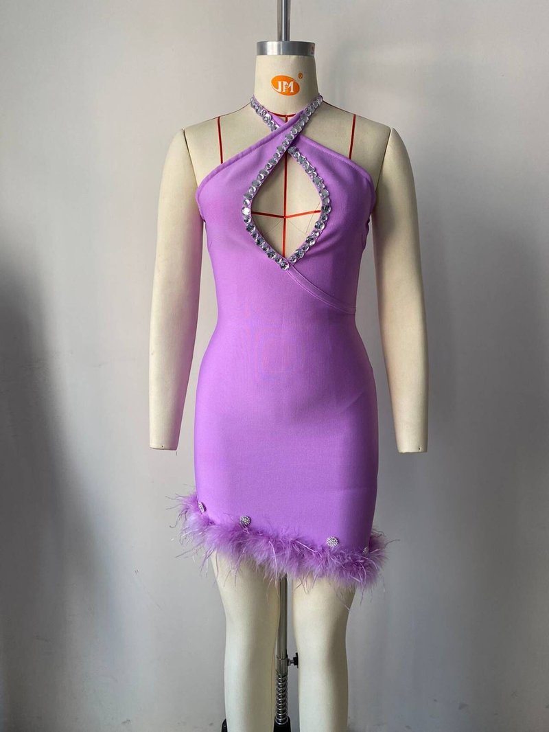 Purple Feather Hem Halter Mini Dress H6028