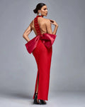 Red Backless Bow Halter Maxi Dress H6521