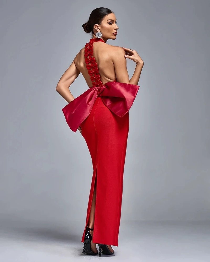 Red Backless Bow Halter Maxi Dress H6521
