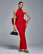 Red Backless Bow Halter Maxi Dress H6521