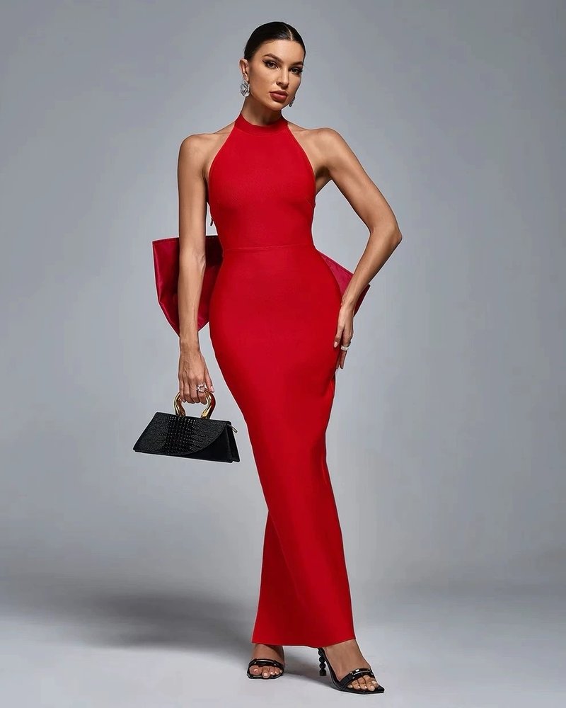 Red Backless Bow Halter Maxi Dress H6521