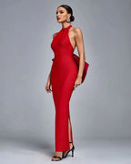 Red Backless Bow Halter Maxi Dress H6521