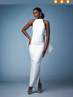 Red Backless Bow Halter Maxi Dress H6521