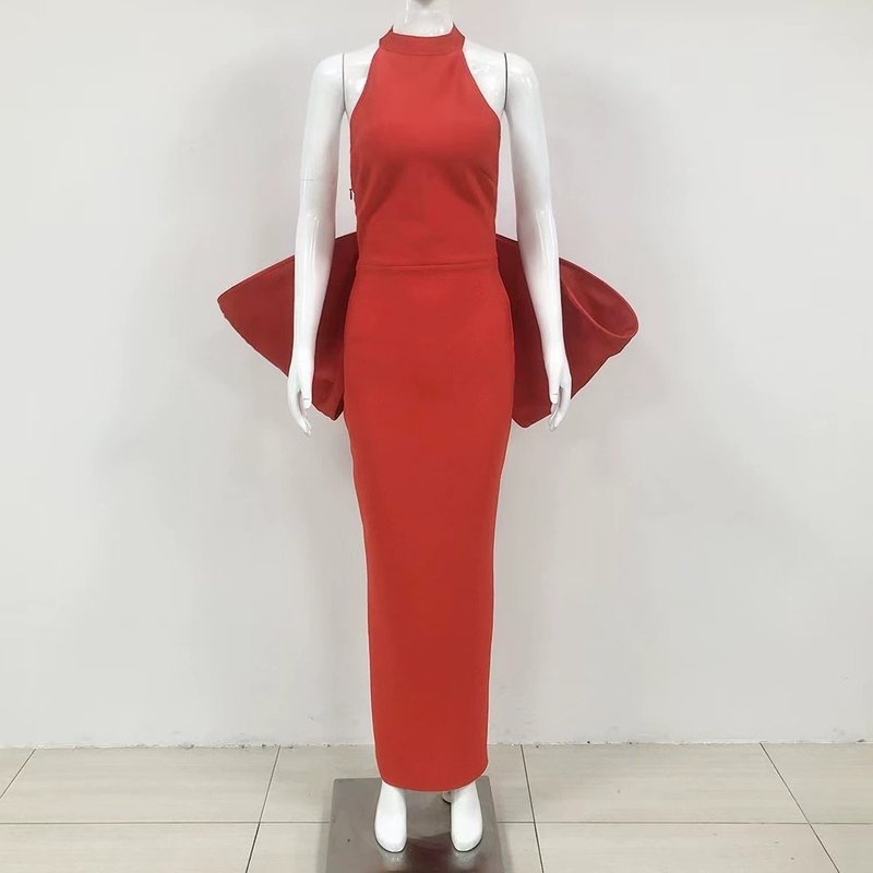 Red Backless Bow Halter Maxi Dress H6521