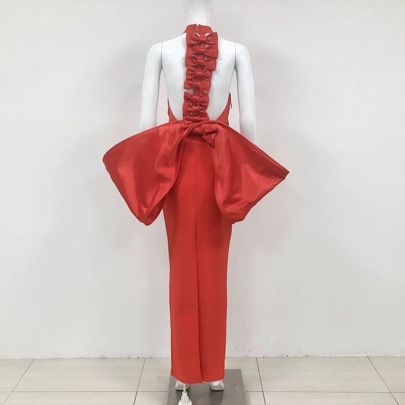 Red Backless Bow Halter Maxi Dress H6521