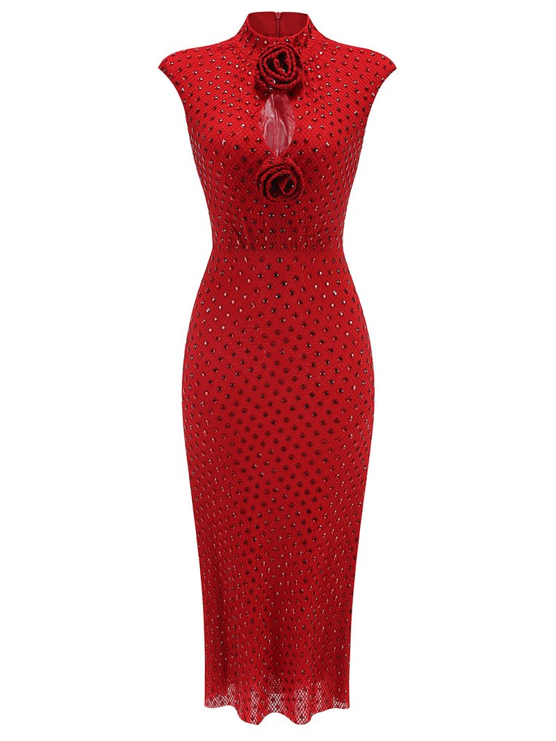 Red Beaded Halter Midi Dress H6668