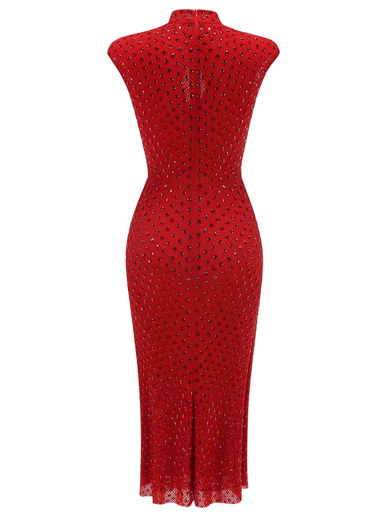 Red Beaded Halter Midi Dress H6668